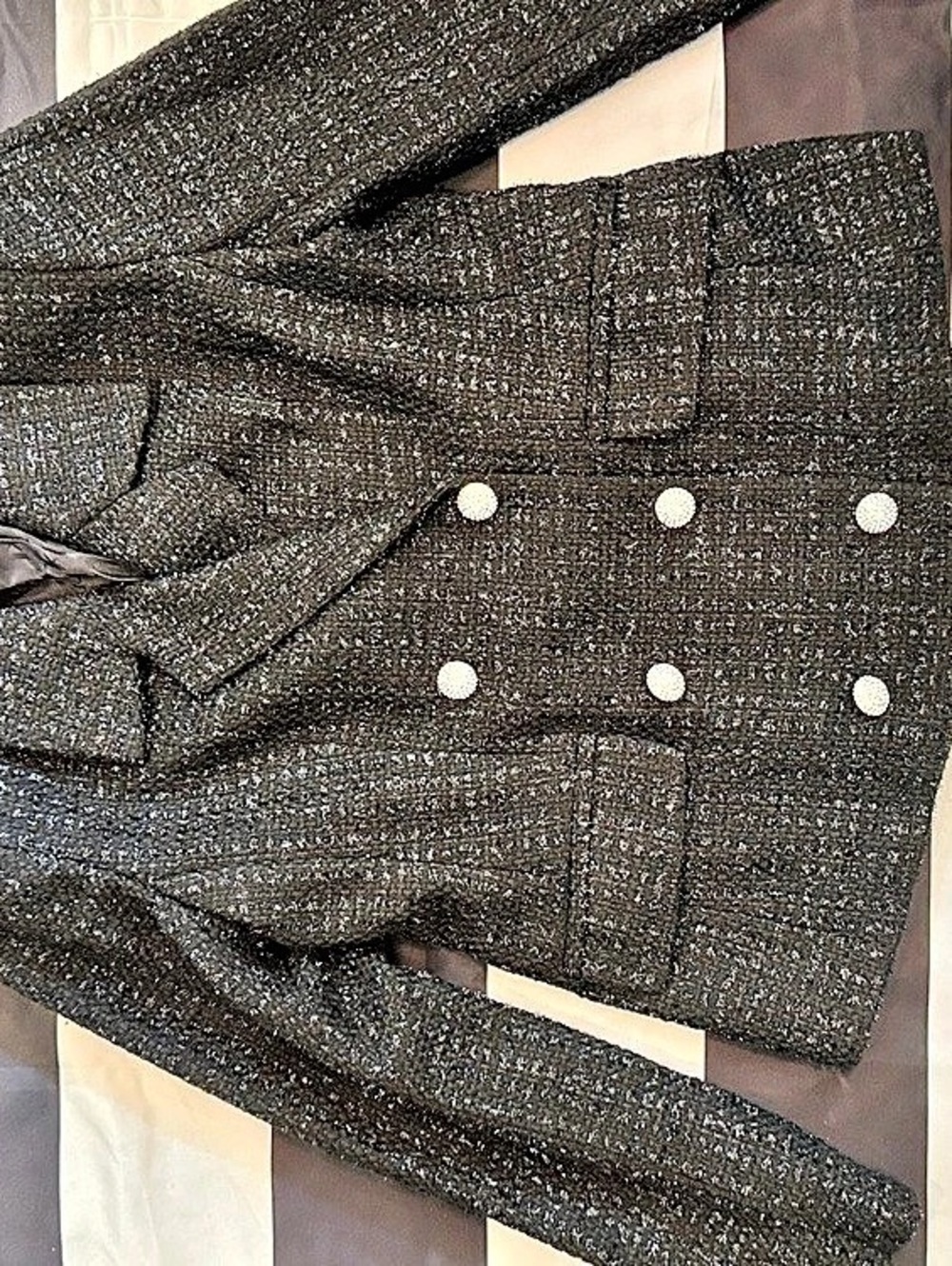 Karl Lagerfeld Paris Tweed Double-Breasted Blazer in Black